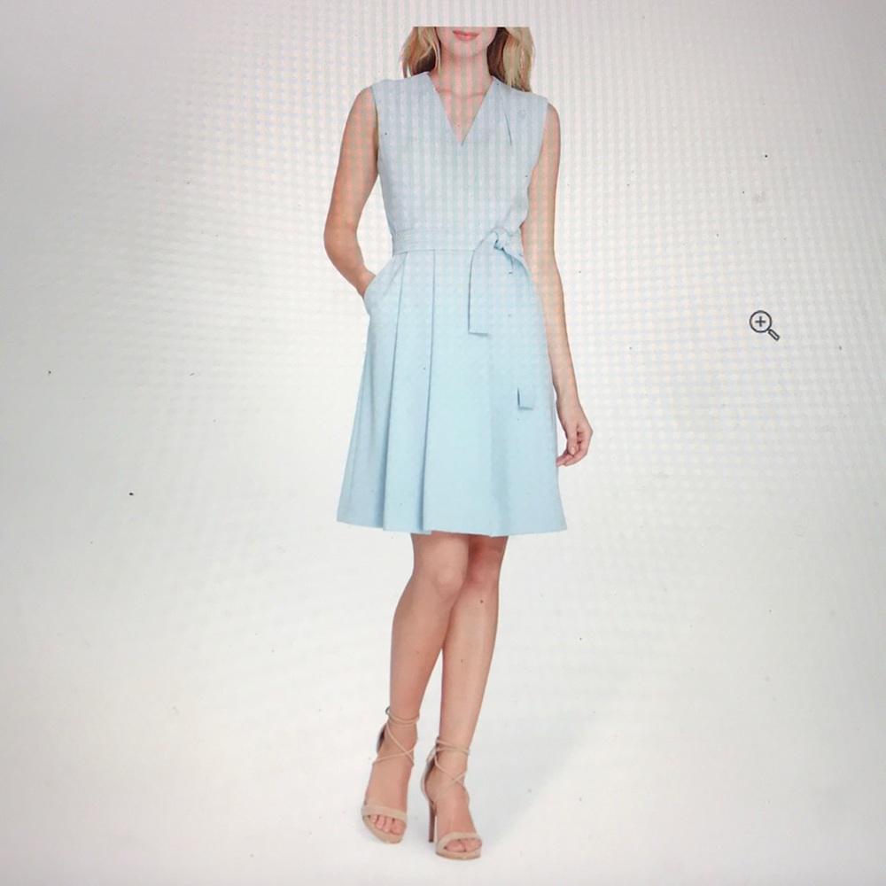 Tahari Faux Wrap Light Blue Pleated Dress